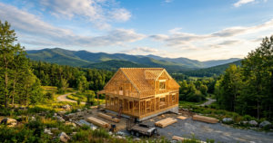 Newly framed home under construction on a New Hampshire hillside with green mountains and blue sky in the background